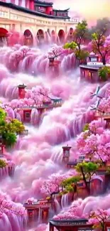 Enchanting fantasy scene with pink cherry blossom waterfalls.