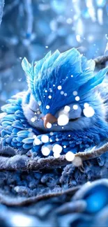 Fantasy blue bird with icy feathers in winter setting.