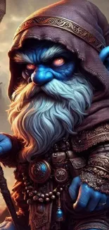 Fantasy gnome warrior with blue details in a mystical setting.