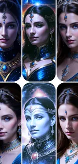 Fantasy portrait wallpaper with regal blue tones and celestial jewelry.