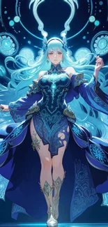 Fantasy blue warrior in intricate robes.