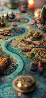 Intricate fantasy board game landscape with vibrant turquoise and colorful details.