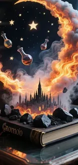 Fantasy book with fiery crescent moon and stars.