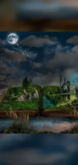 Enchanted book revealing a fantasy landscape with a castle under a starry night sky.