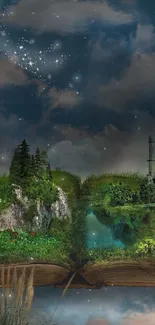 Fantasy book-themed landscape with castle and moonlit sky.