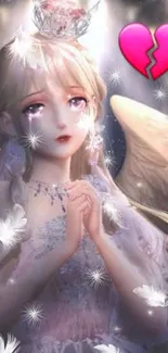 Fantasy angel with broken heart in pastel hues and wings.