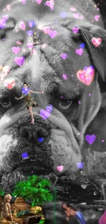 A fantasy wallpaper with a bulldog, colorful hearts, and fairies.