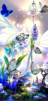 Fantasy scene with glowing butterflies and flowers on a mobile wallpaper.