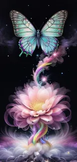 Fantasy artwork featuring a butterfly over a mystical glowing flower.