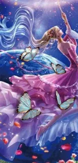 Elegant woman in pink dress with butterflies in a cosmic fantasy landscape.