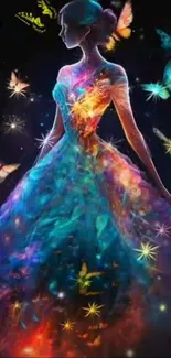 Fantasy artwork of a woman in a butterfly-adorned colorful dress.