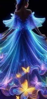 Woman in blue fantasy dress with glowing butterflies, creating a magical scene.