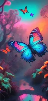 Fantasy butterfly garden with vibrant colors and teal background.