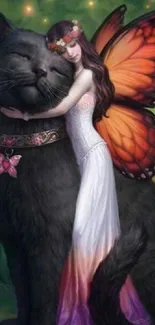 Fantasy girl with butterfly wings embracing a black cat in enchanted art scene.