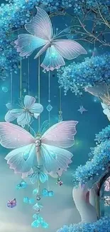 Fantasy butterfly art with blue hues and whimsical trees for mobile wallpaper.