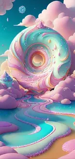 Whimsical candyland with pastel clouds and surreal donut vortex.