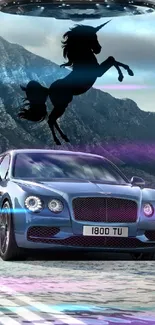 Blue luxury car with unicorn and UFO over mountains.