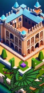 3D fantasy castle with a green dragon, vibrant colors, and medieval design.