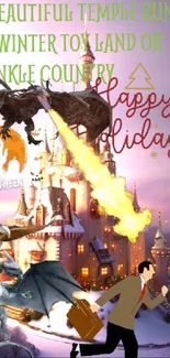 Fantasy scene with dragons, castle, and holiday greetings.