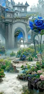 Fantasy castle with a giant blue rose, surrounded by lush greenery.