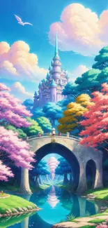 Fantasy castle and bridge with colorful trees and sky.