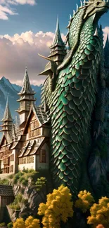 Majestic dragon wrapped around a medieval castle with mountains.