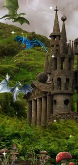 Whimsical castle with dragons in green fantasy landscape.