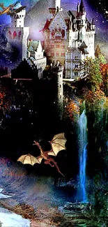 Fantasy wallpaper with dragons and a castle at night.