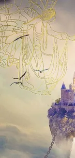 Fantasy wallpaper with golden fairy and floating castle.