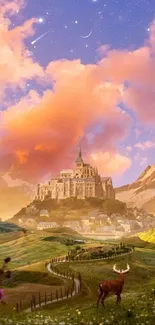 Fantasy castle with vibrant orange skies and lush landscape.