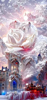 Majestic snowy castle with giant white rose.