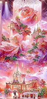 Fantasy castle with roses in vibrant pink hues and magical lighting.