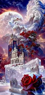 Fantasy castle with red roses under a moonlit sky.