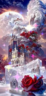 Fantasy castle with roses under a mystical sky