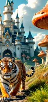 Tiger walking towards a fantasy castle with giant mushrooms.