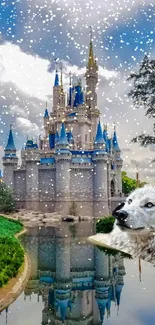 Enchanting castle and wolf wallpaper with blue skies and nature.