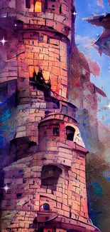 A vivid fantasy castle with a mystical sky.