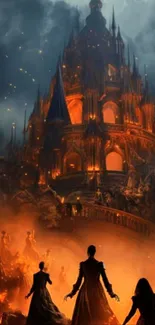 Fantasy castle illuminated at dusk with figures in the foreground.