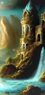 Fantasy castle with waterfall and teal landscape.