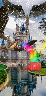 Colorful dragon flying near a mystical castle with rainbow effects.