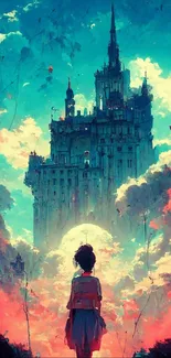 Silhouette before a surreal castle amidst colorful clouds.