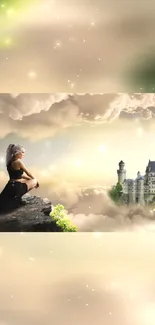 Fantasy castle with a woman overlooking clouds.