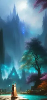 Fantasy castle with galaxy portal and vibrant, colorful forest.