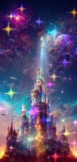 Fantasy castle with a galaxy sky and vibrant colors for mobile wallpaper.