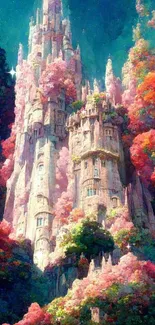 Fantasy castle surrounded by vibrant pink foliage and colorful trees.