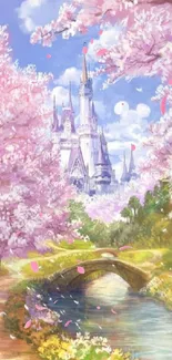 Fantasy castle surrounded by pink cherry blossoms and a tranquil river.