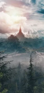 Fantasy castle amidst misty mountains under a dramatic sky.
