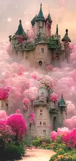 Fantasy castle floating in pink clouds with colorful flowers.