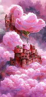 Fantasy castle surrounded by pink clouds, creating a dreamy, magical scene.