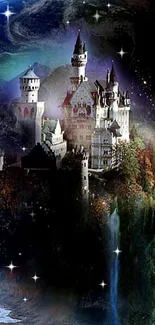 Fantasy castle floating in space with a cosmic backdrop.